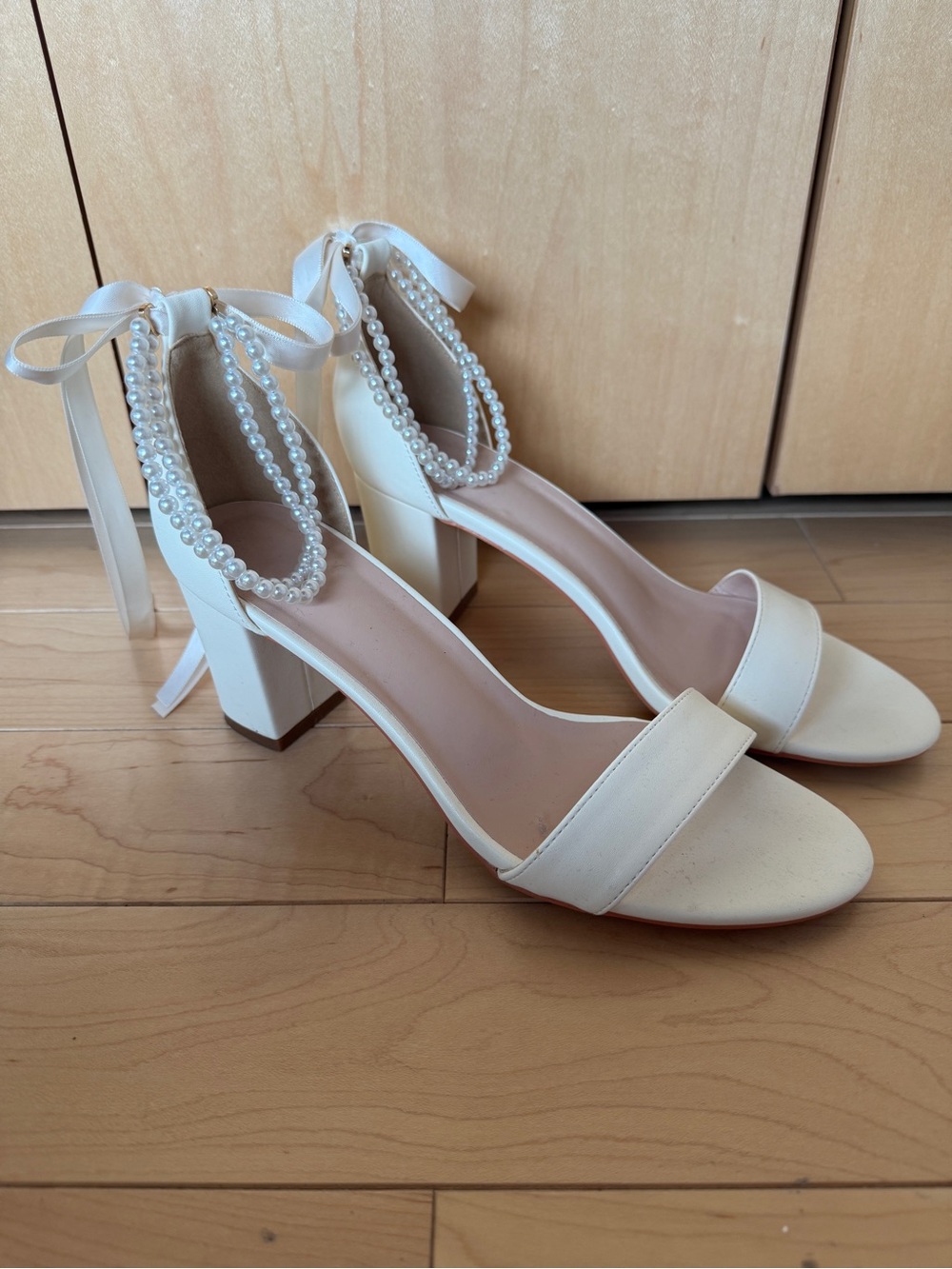 JJs House Cream Pearl Ankle Strap Block Heels